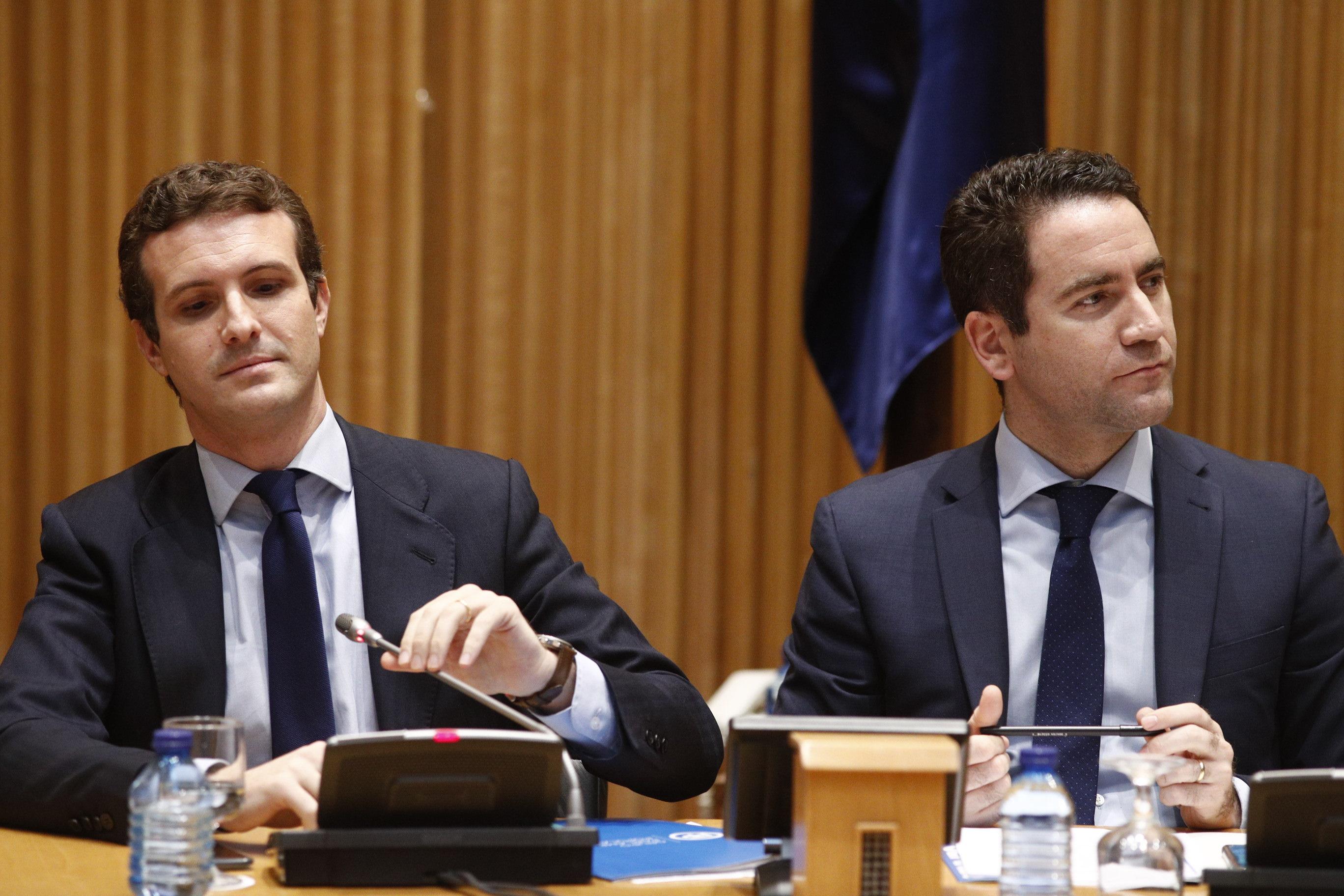 El presidente del Partido Popular, Pablo Casado, y el secretario general del partido, Teodoro García Egea