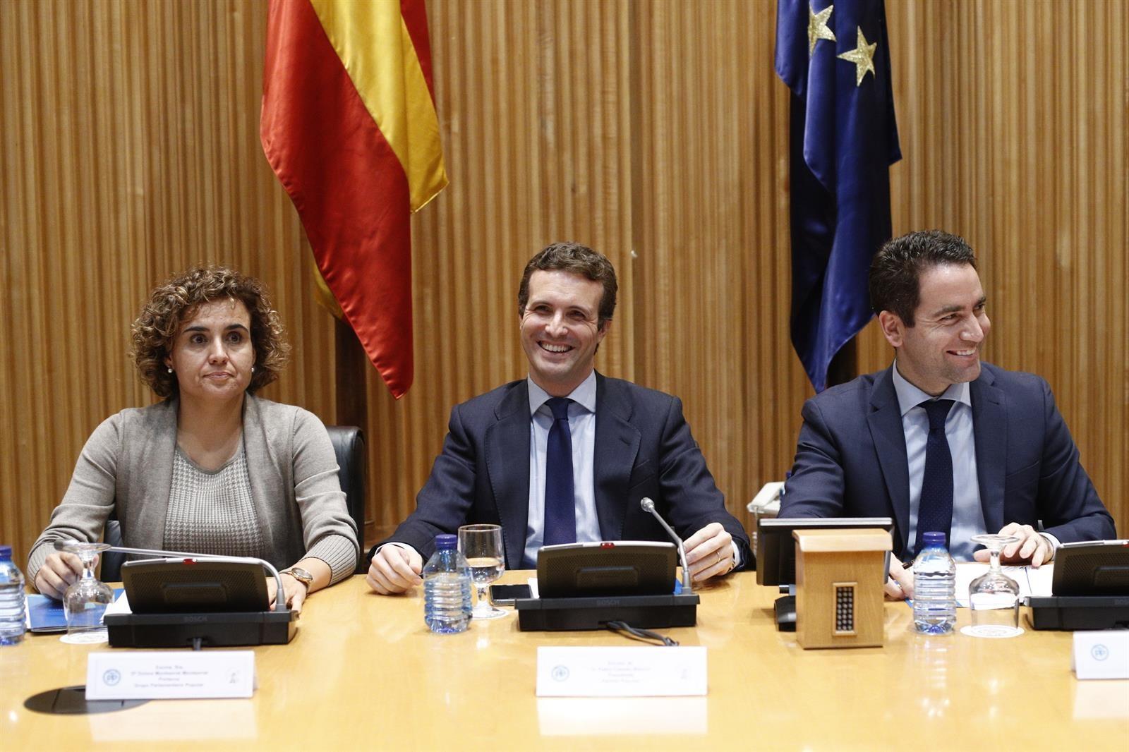 Dolors Montserrat, Pablo Casado y Teodoro García Egea. Fuente: EP.