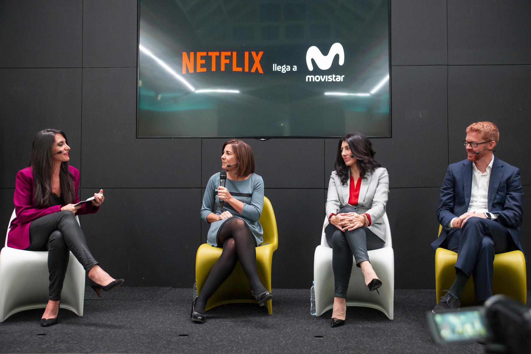 María Jesús Almanzor, María Ferreras y Sergio Osle durante la presentación de la nueva oferta de Movistar y la incorporación de Netflix