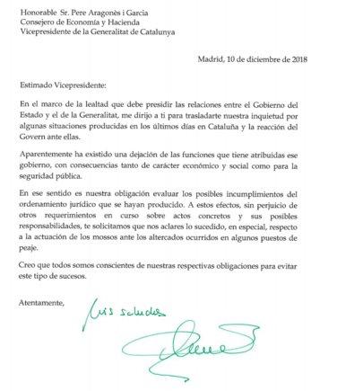 Carta de la vicepresidenta Carmen Calvo al vicepresidente Pere Aragonès
