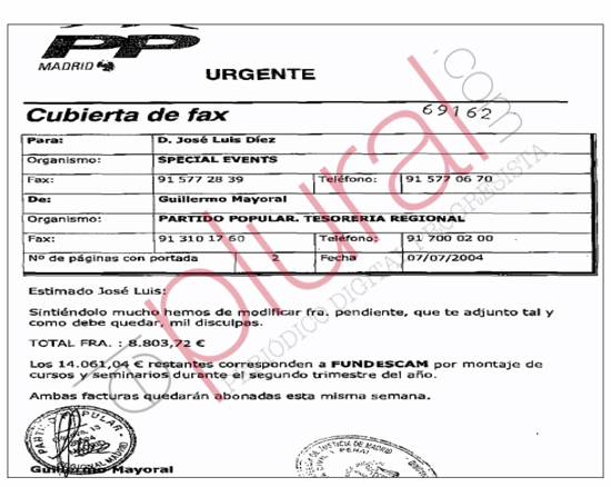 Fax del PP de Madrid con instrucciones para las facturas.