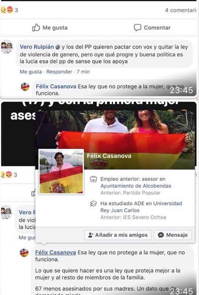 Comentario de Félix Casanova PP Madrid sobre violencia de género. Facebook Comentario de Félix Casanova PP Madrid sobre violencia de género. Facebook