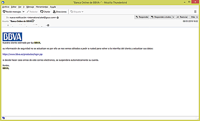 Cuerpo del email fraudulento enviado a clientes del BBVA (Foto: www.osi.es).