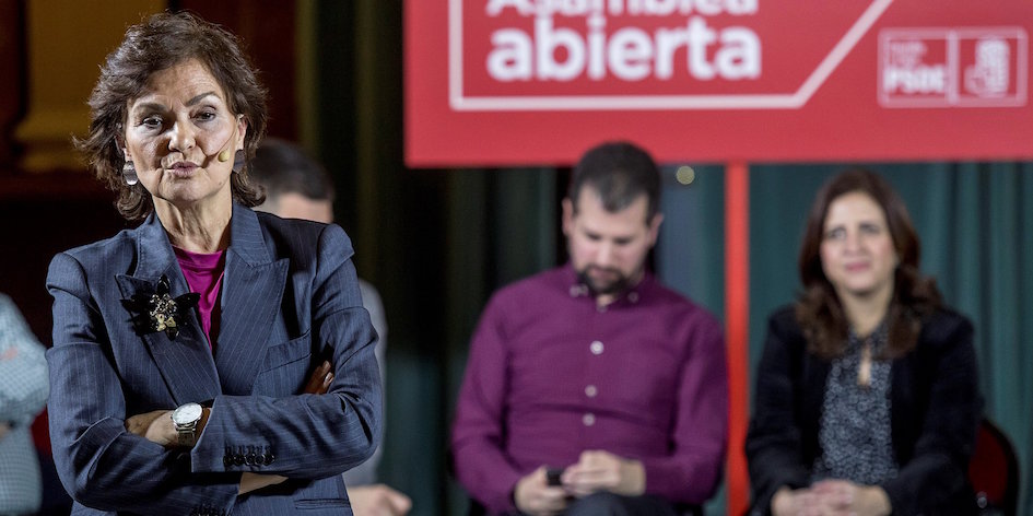 La secretaria federal de Igualdad del PSOE, Carmen Calvo interviene en la Asamblea Abierta para hablar de 'Pensiones dignas'. 