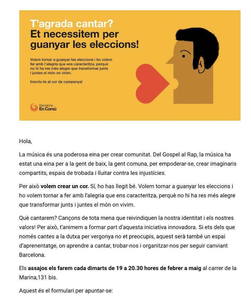 Invitación de Colau para crear un coro de cara a las elecciones autonómicas y municipales.