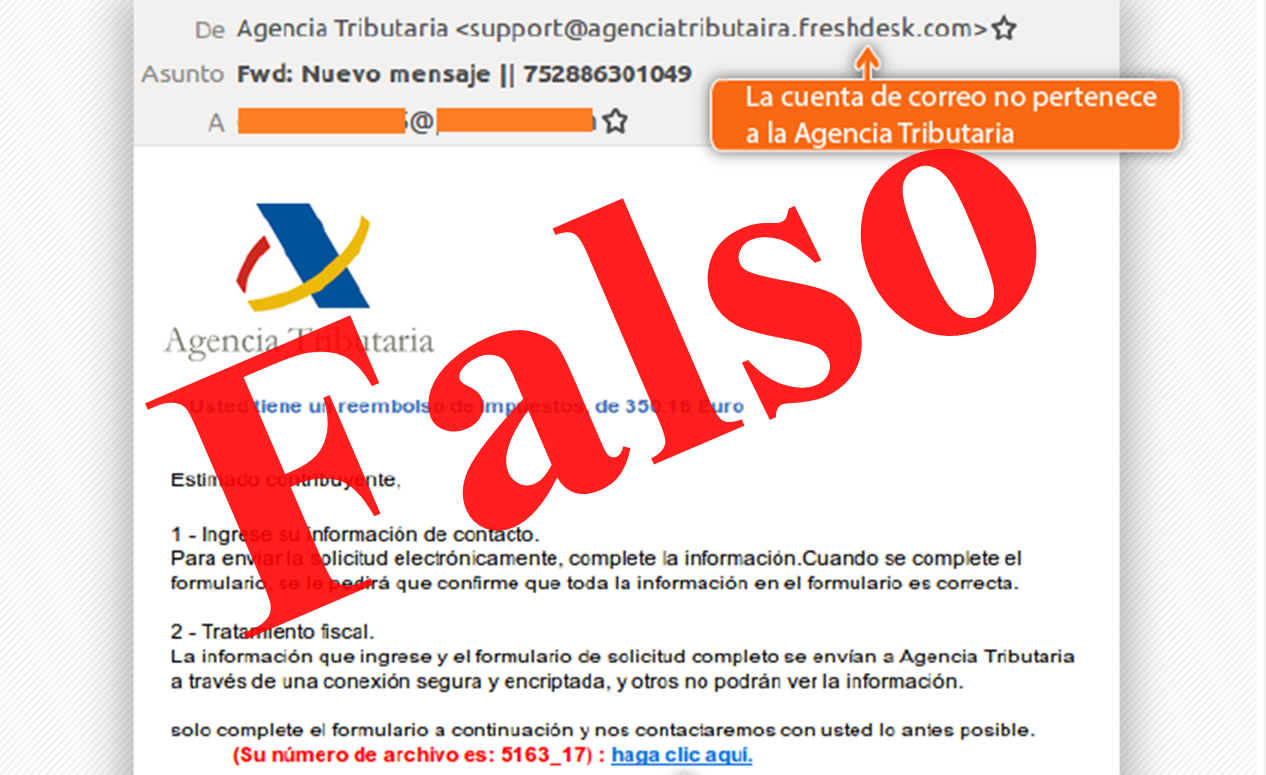 Este intento de phishing se inicia con un email de estas características suplantando a la Agencia Tributaria.