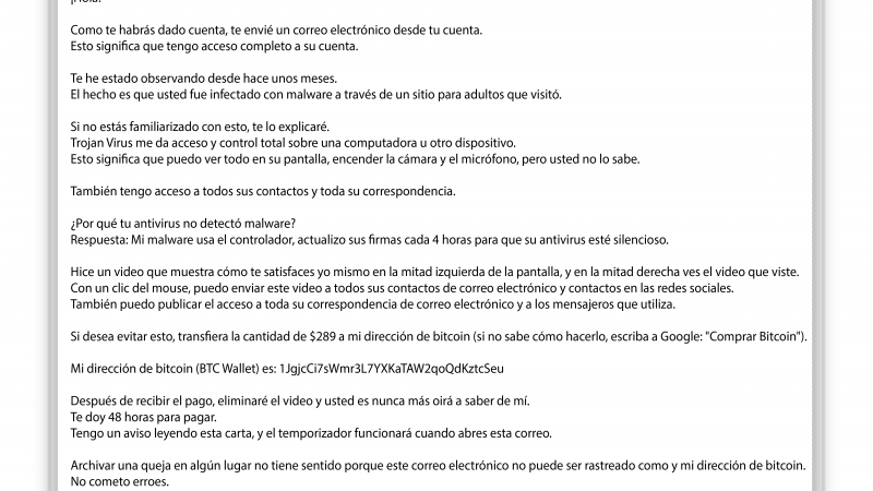 En el cuerpo del mail se explican todos los detalles (falsos) que conducen a la extorsión (Foto: www.osi.es).