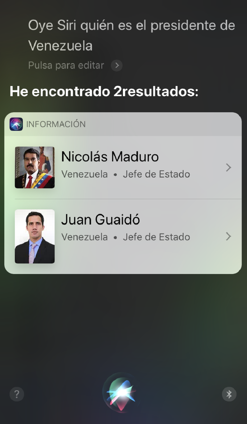 Pregunta a Siri quién es el presidente de Venezuela