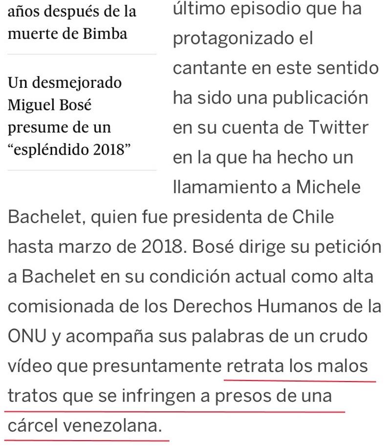 Artículo El Pais sobre Miguel Bosé y Venezuela