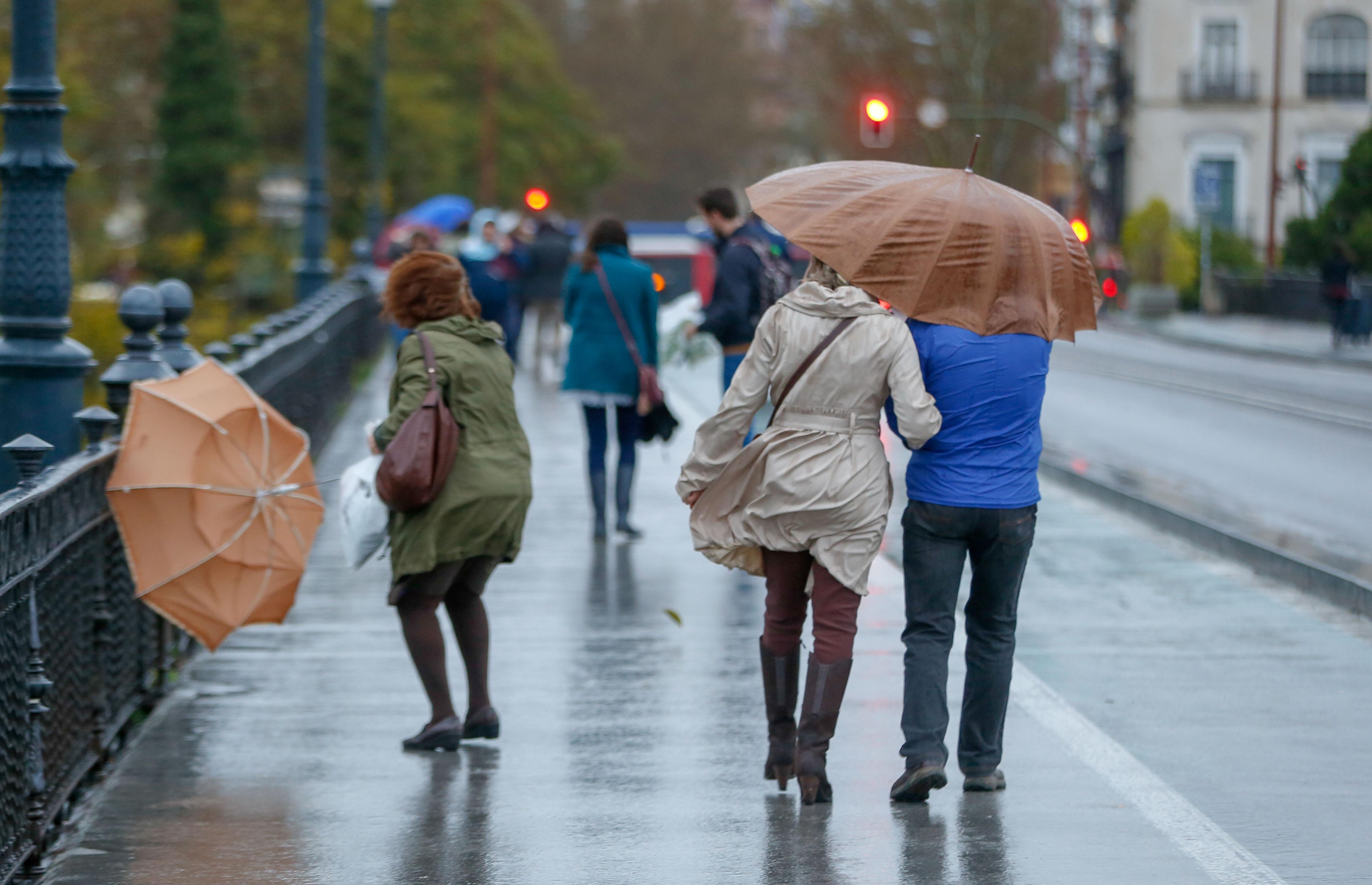 Varias personas se protegen con paraguas de la lluvia y el viento. EP