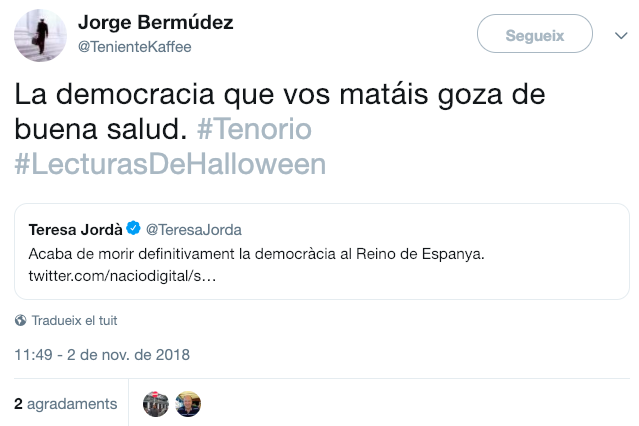Captura de tuit de Fiscal de Delitos Cibernéticos contra otro independentista Captura de tuit de Fiscal de Delitos Cibernéticos contra otro independentista