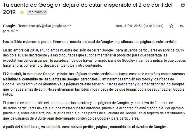 Contenido del mail enviado por Google+ a los usuarios.