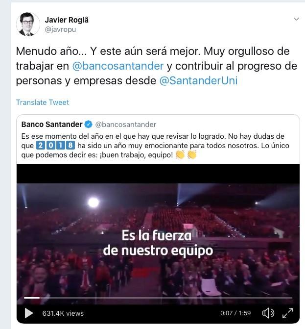 Tweet de Javier Roglá, Director  Global de Santander Universidades y CEO de Universia