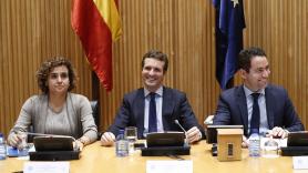 De izquierda a derecha la portavoz del PP en el Congreso Dolors Montserrat; el presidente del Partido Popular Pablo Casado; y el secretario general del partido Teodoro García Egea - Eduardo Parra Europa Press