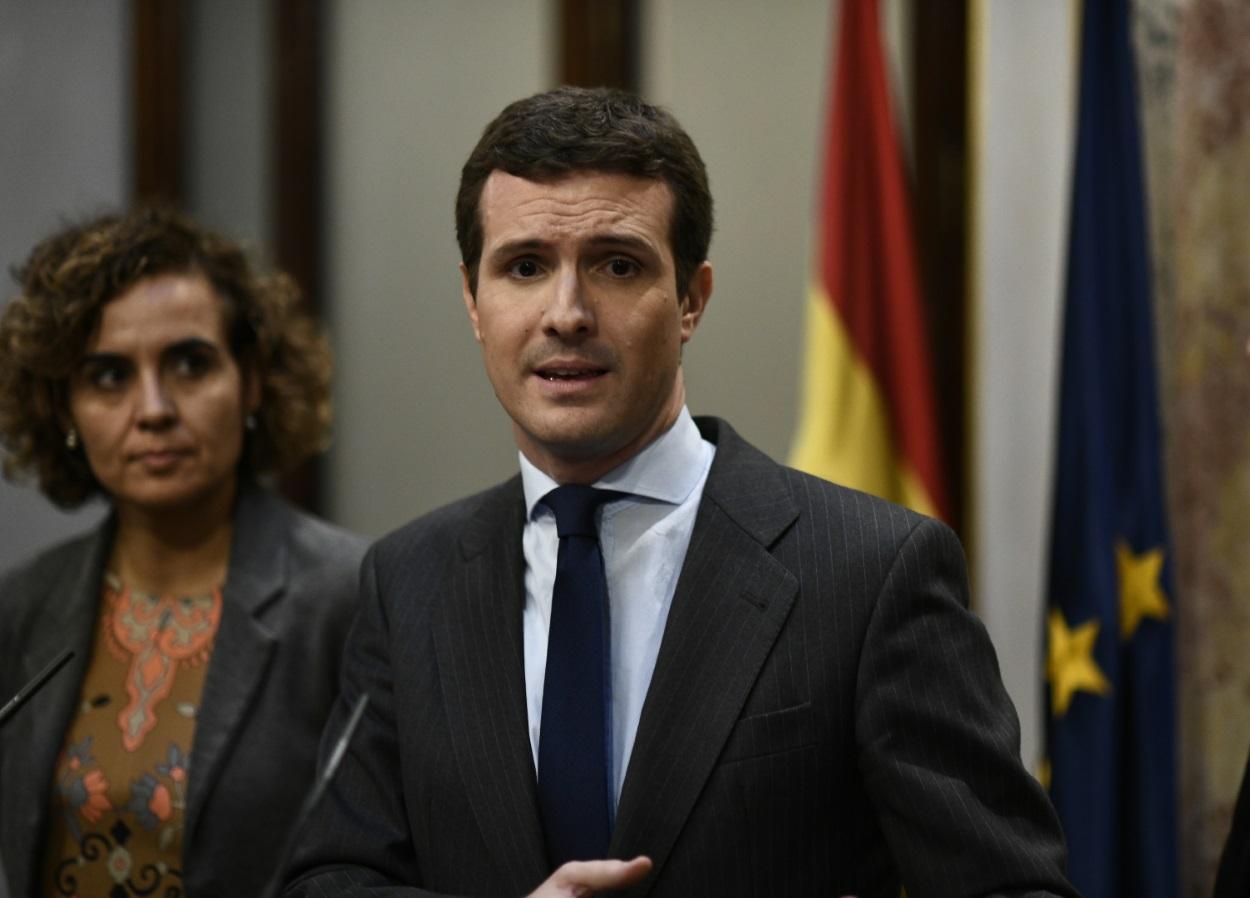 Pablo Casado, presidente del Partido Popular, durante una rueda de prensa tras el debate de Presupuestos