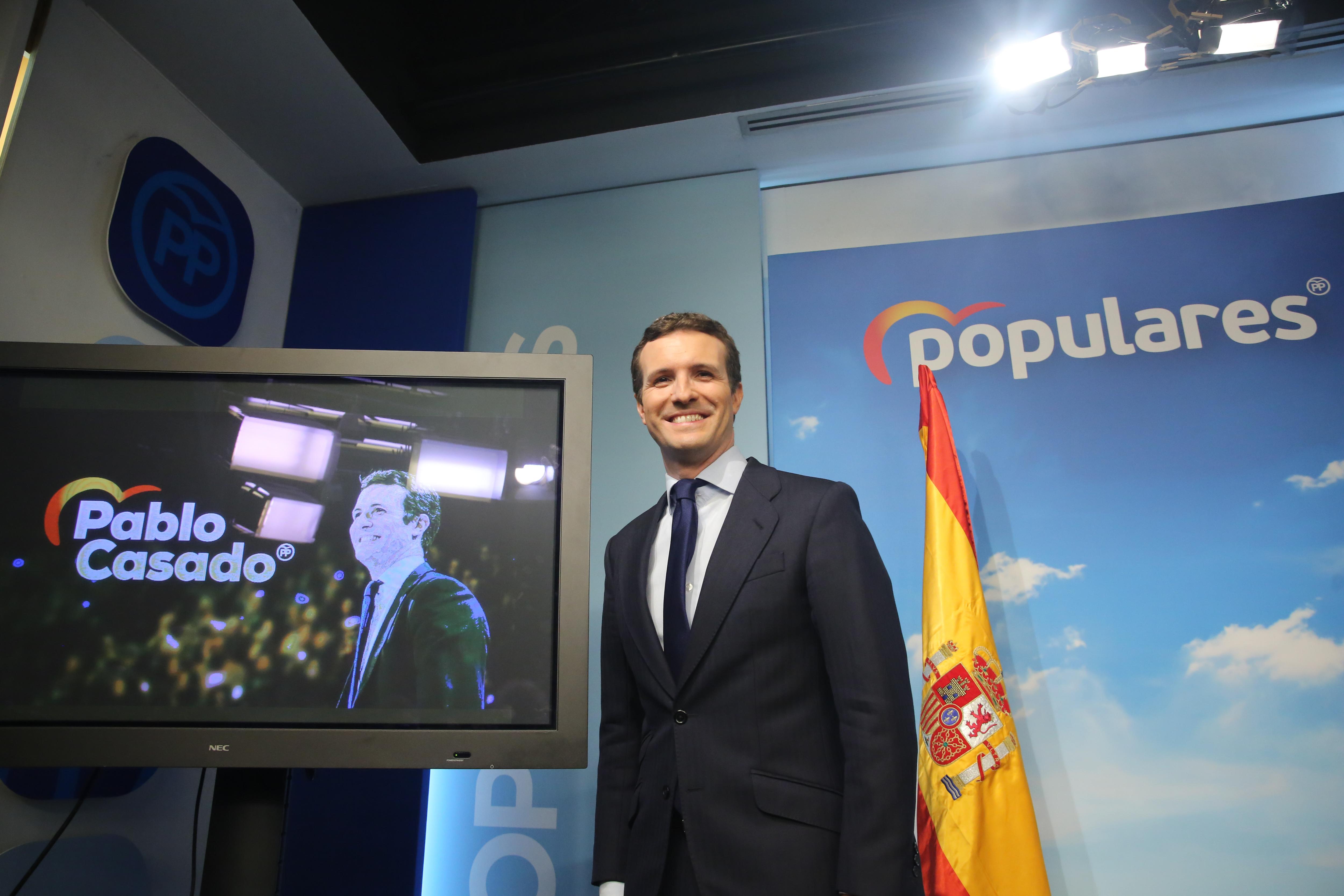 El presidente del Partido Popular Pablo Casado comparece en rueda de prensa tras el anuncio del Gobierno de la convocatoria de elecciones para el 28 de abril de 2019 