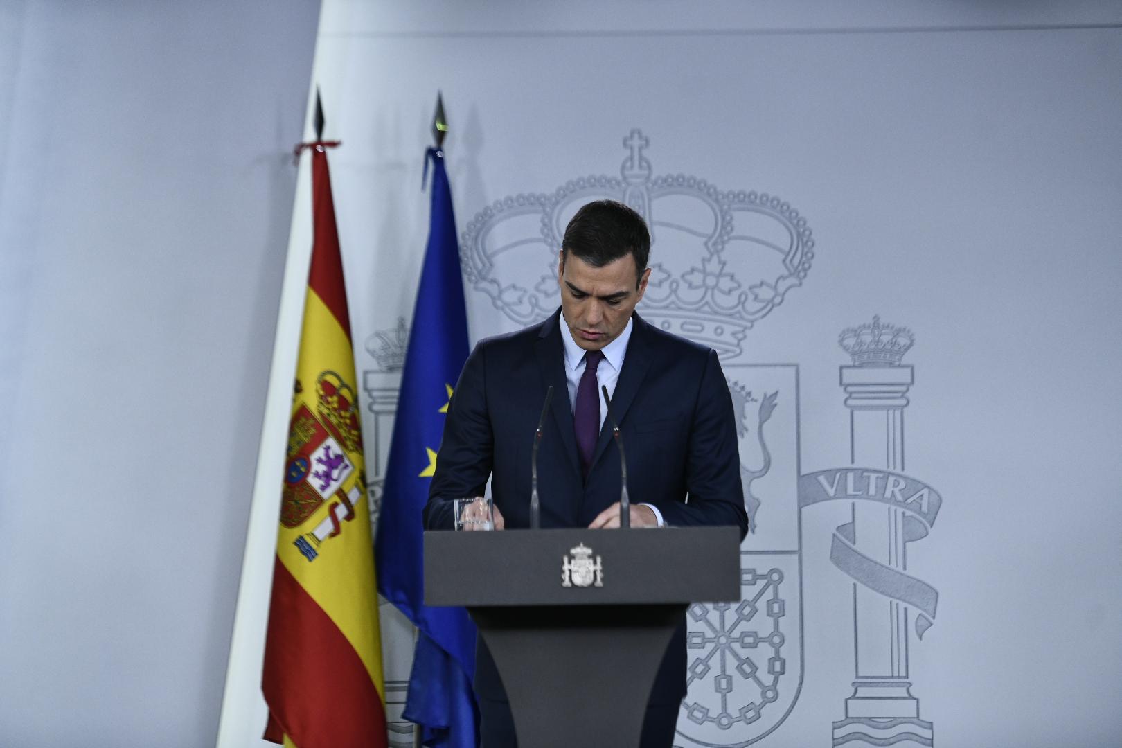 El presidente del Gobierno, Pedro Sánchez, durante su declaración institucional para anunciar la fecha de las próximas elecciones.