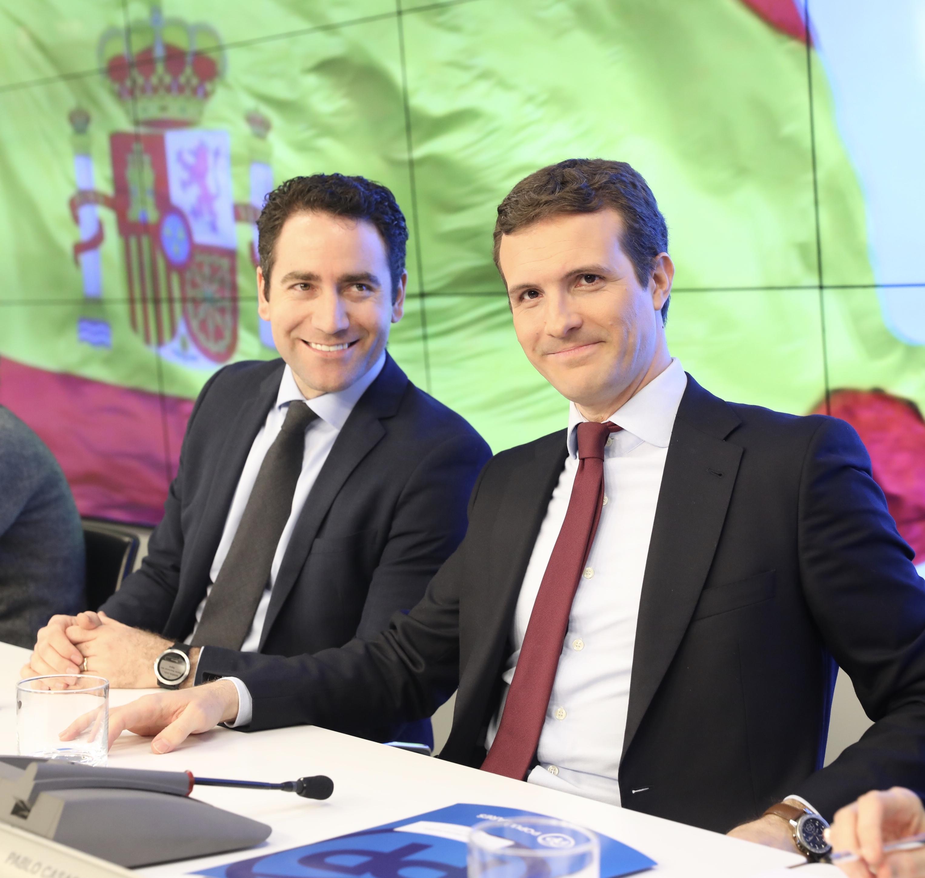 El secretario general del PP, Teodoro García Egea, y el presidente del Partido Popular, Pablo Casado