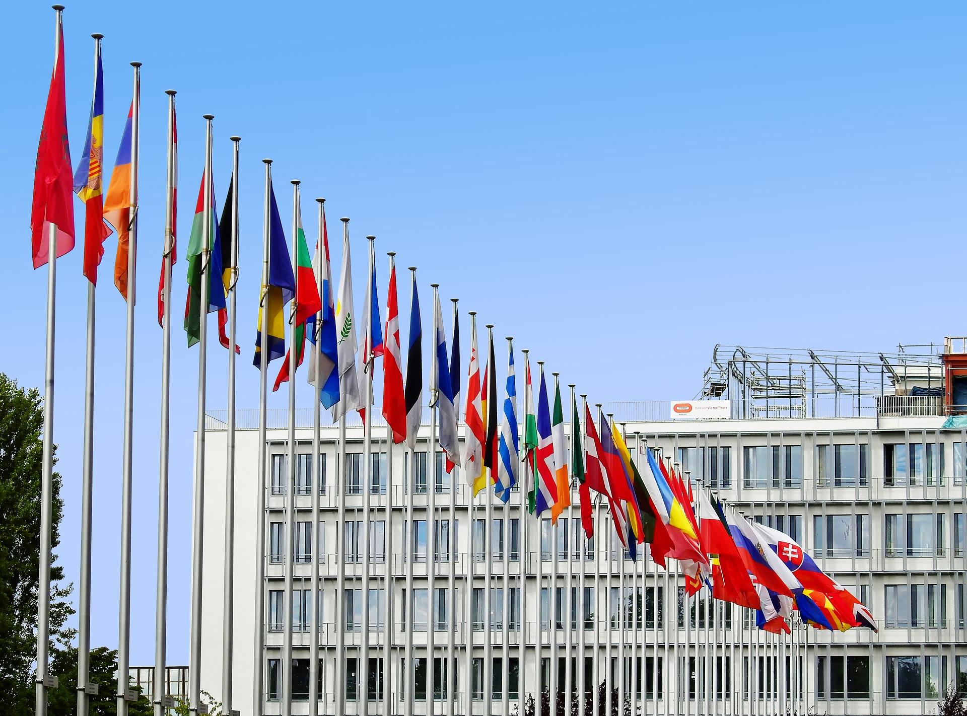 Banderas de países de la Unión Europea en el exterior del Parlamento Europeo en Estrasburgo (Francia)