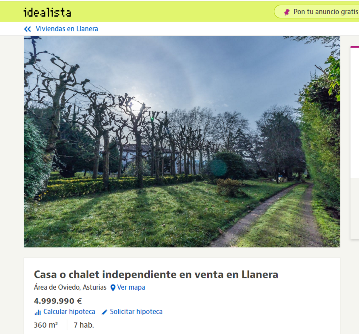 Captura del anuncio de la mansión de los Franco en Idealista