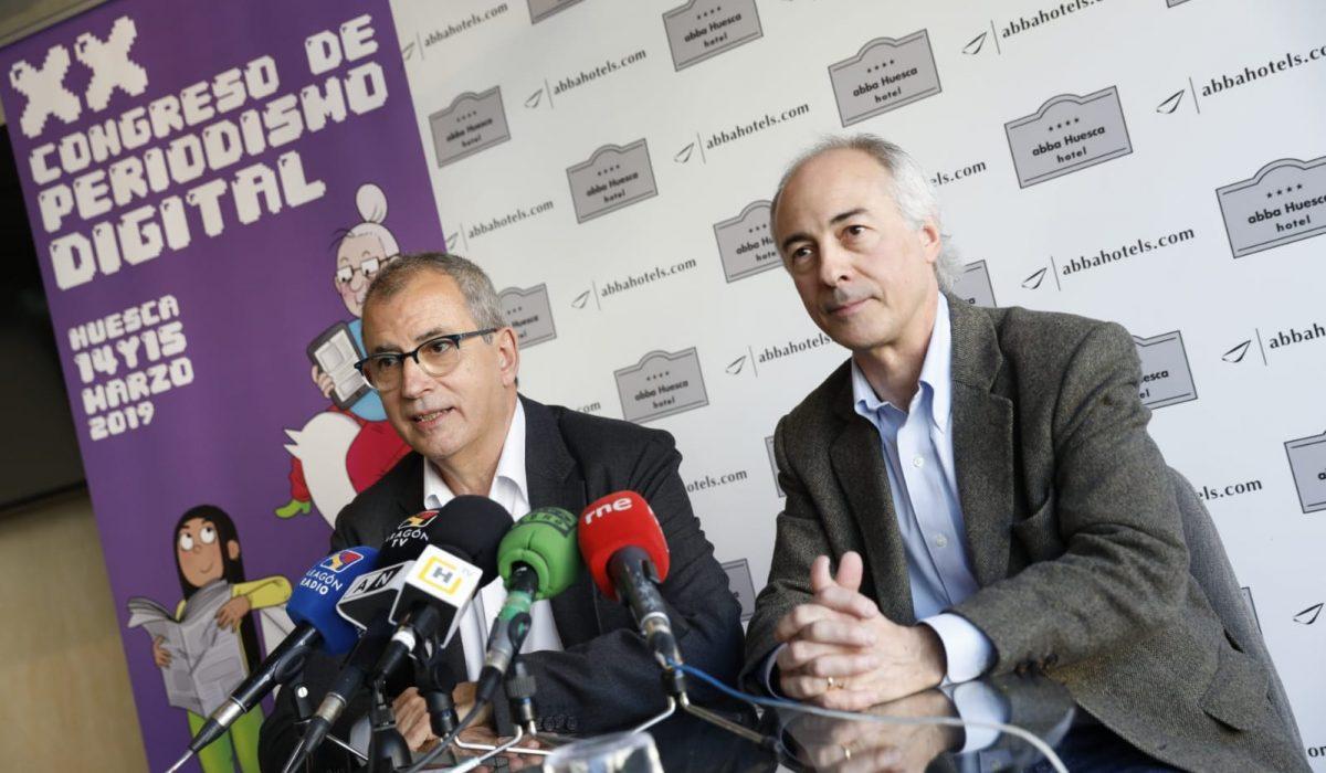 Fernando García Mongay y Juan Carlos Iragorri en la rueda de prensa de inauguración del Congreso de Periodismo Digital de Huesca del año pasado.