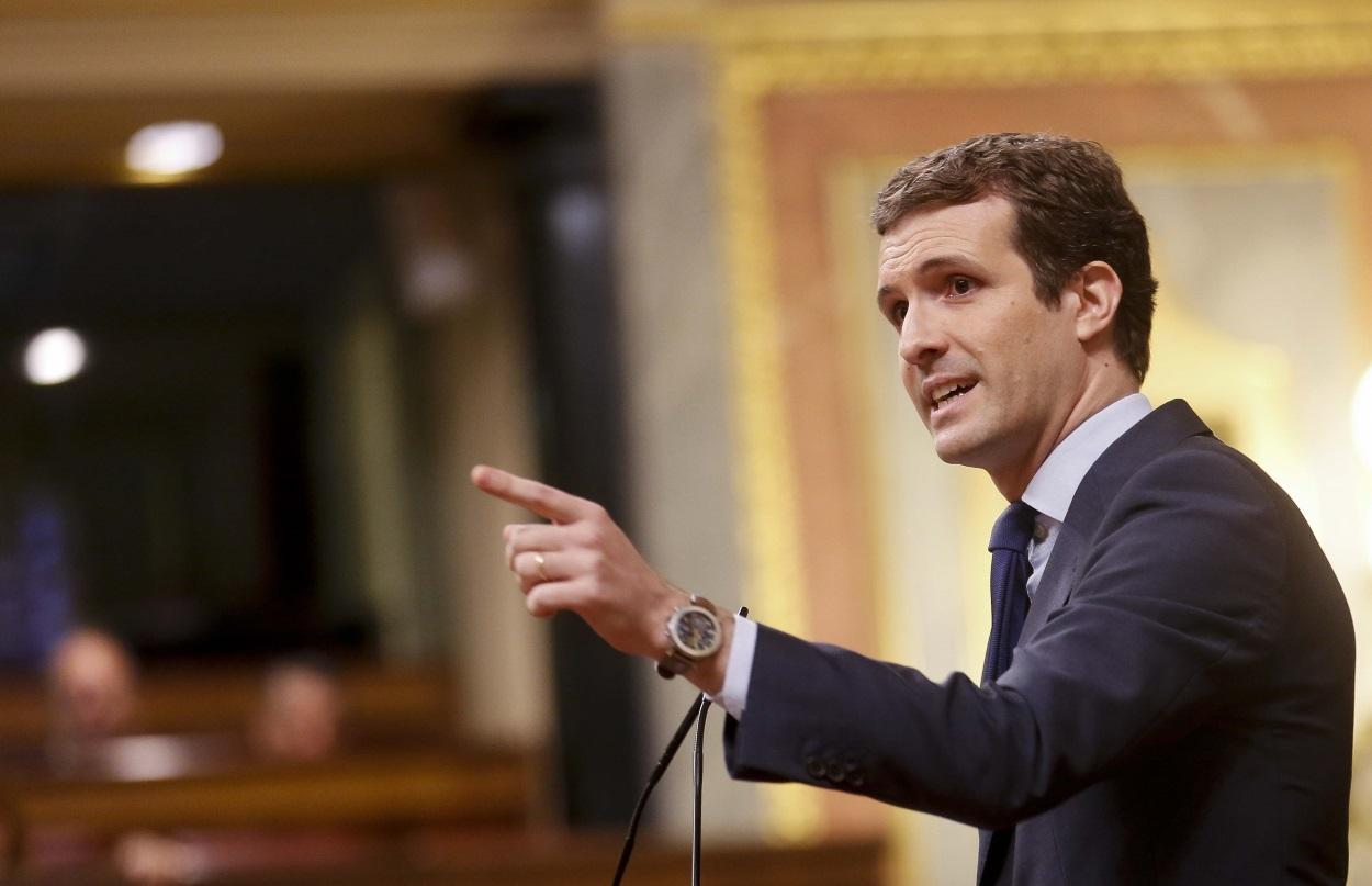 El presidente del PP, Pablo Casado, durante una intervención en el Congreso.