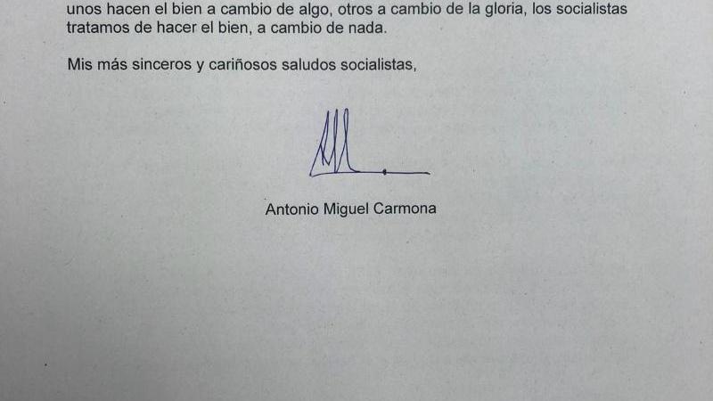 Segunda página de la carta de Carmona al PSOE Segunda página de la carta de Carmona al PSOE