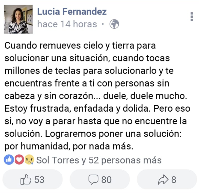 Mensaje de Lucia S. Fernandez. Facebook