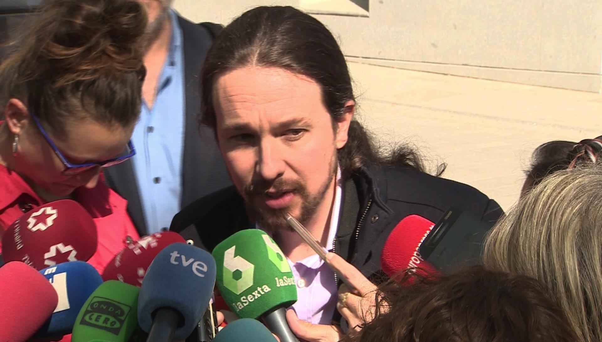 El líder de Podemos Pablo Iglesias en rueda de prensa a la salida de la Audiencia Nacional 