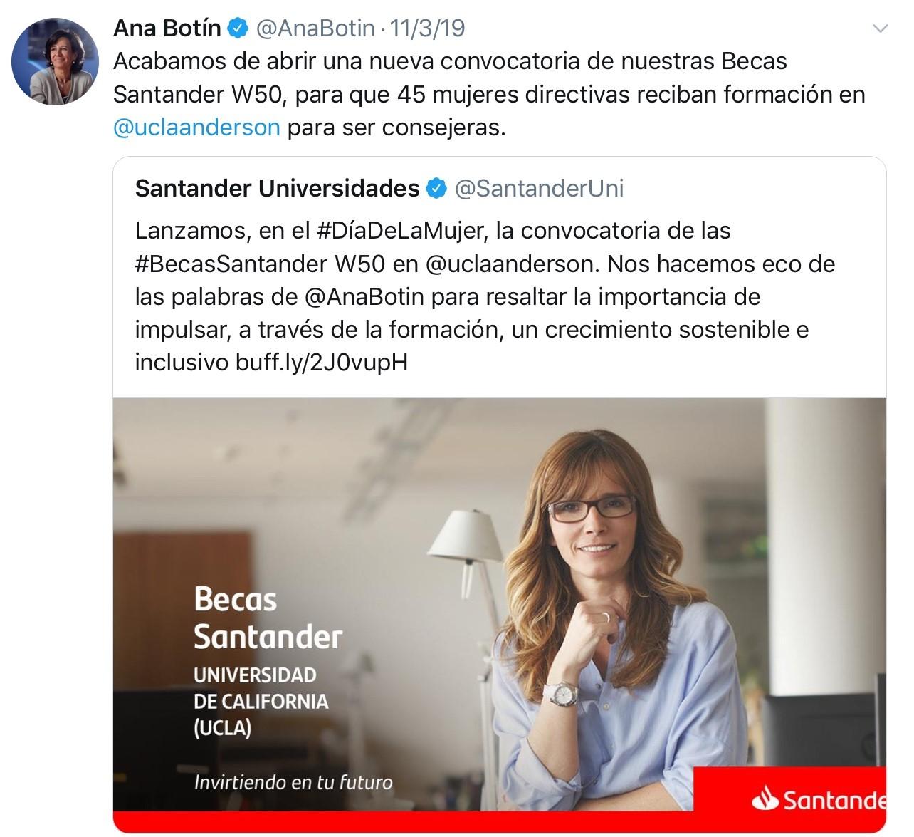 Tuit de Ana Botín sobre las Becas Santander W50 para directivas