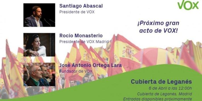 Anuncio del mitin de Vox en la Cubierta de Leganés. Anuncio del mitin de Vox en la Cubierta de Leganés.