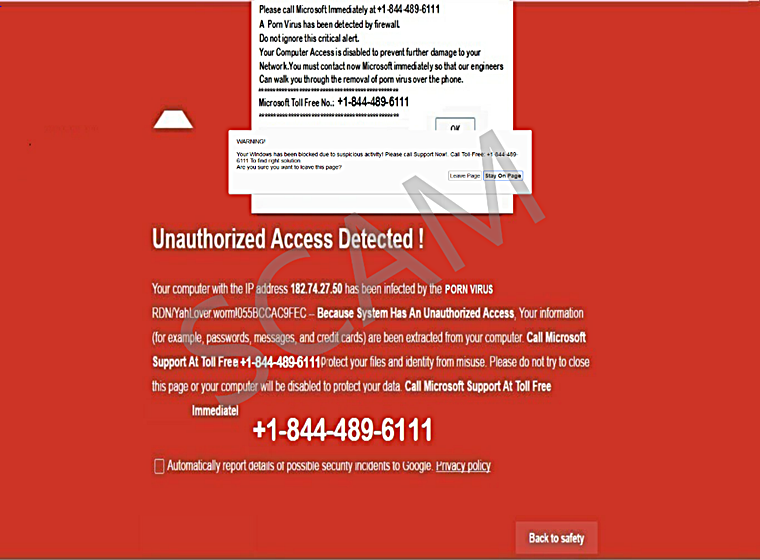 Imagen del falso error que presenta el ordenador de la víctima, con indicación de un número de teléfono al que llamar (Foto: www.osi.es).