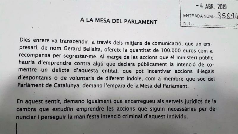 Carta de Carles Puigdemont en que pide amparo legal al Parlament ante una amenaza de secuestro