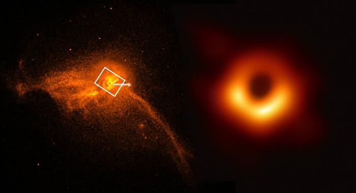 En el núcleo de la galaxia M87 (a la izquierda) se ha captado la primera imagen de un agujero negro (a la derecha). / Primera foto de NASA/CXC/Villanova University/J. Neilsen y segunda de la colaboración EHT