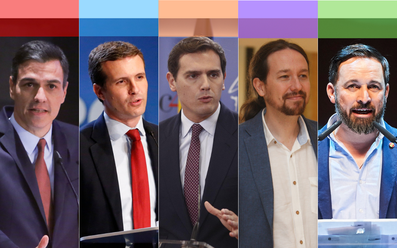 Los líderes y candidatos de la campaña electoral: Pedro Sánchez, Pablo Casado, Albert Rivera, Pablo Iglesias y Santiago Abascal