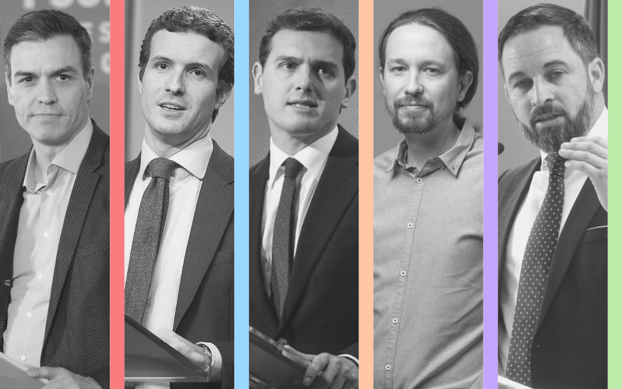 Pedro Sánchez, Pablo Casado, Albert Rivera, Pablo Iglesias y Santiago Abascal.