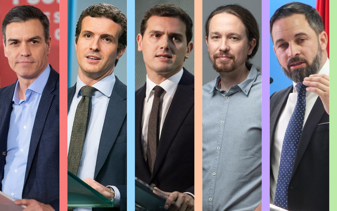 Los líderes y candidatos de la campaña electoral: Pedro Sánchez, Pablo Casado, Albert Rivera, Pablo Iglesias y Santiago Abascal