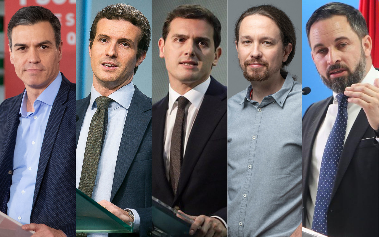 Los líderes y candidatos de la campaña electoral: Pedro Sánchez, Pablo Casado, Albert Rivera, Pablo Iglesias y Santiago Abascal
