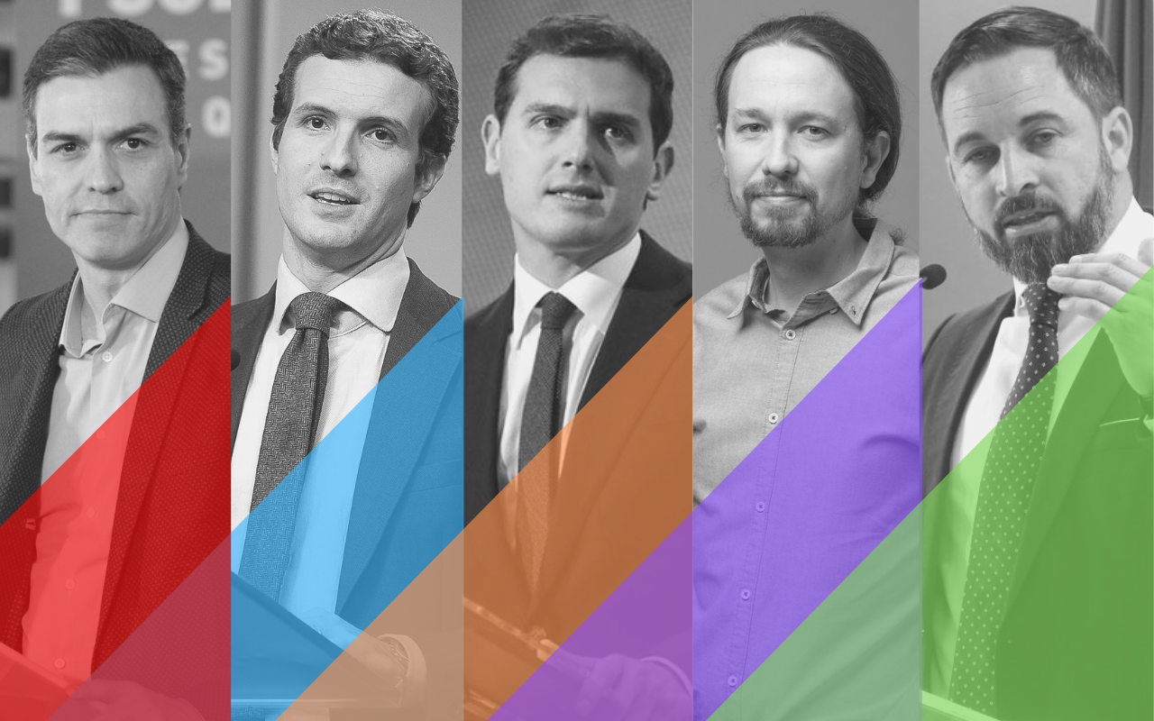 Los líderes y candidatos de la campaña electoral: Pedro Sánchez, Pablo Casado, Albert Rivera, Pablo Iglesias y Santiago Abascal