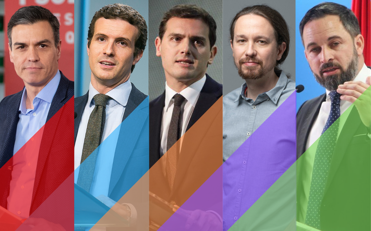 Los líderes y candidatos de la campaña electoral: Pedro Sánchez, Pablo Casado, Albert Rivera, Pablo Iglesias y Santiago Abascal