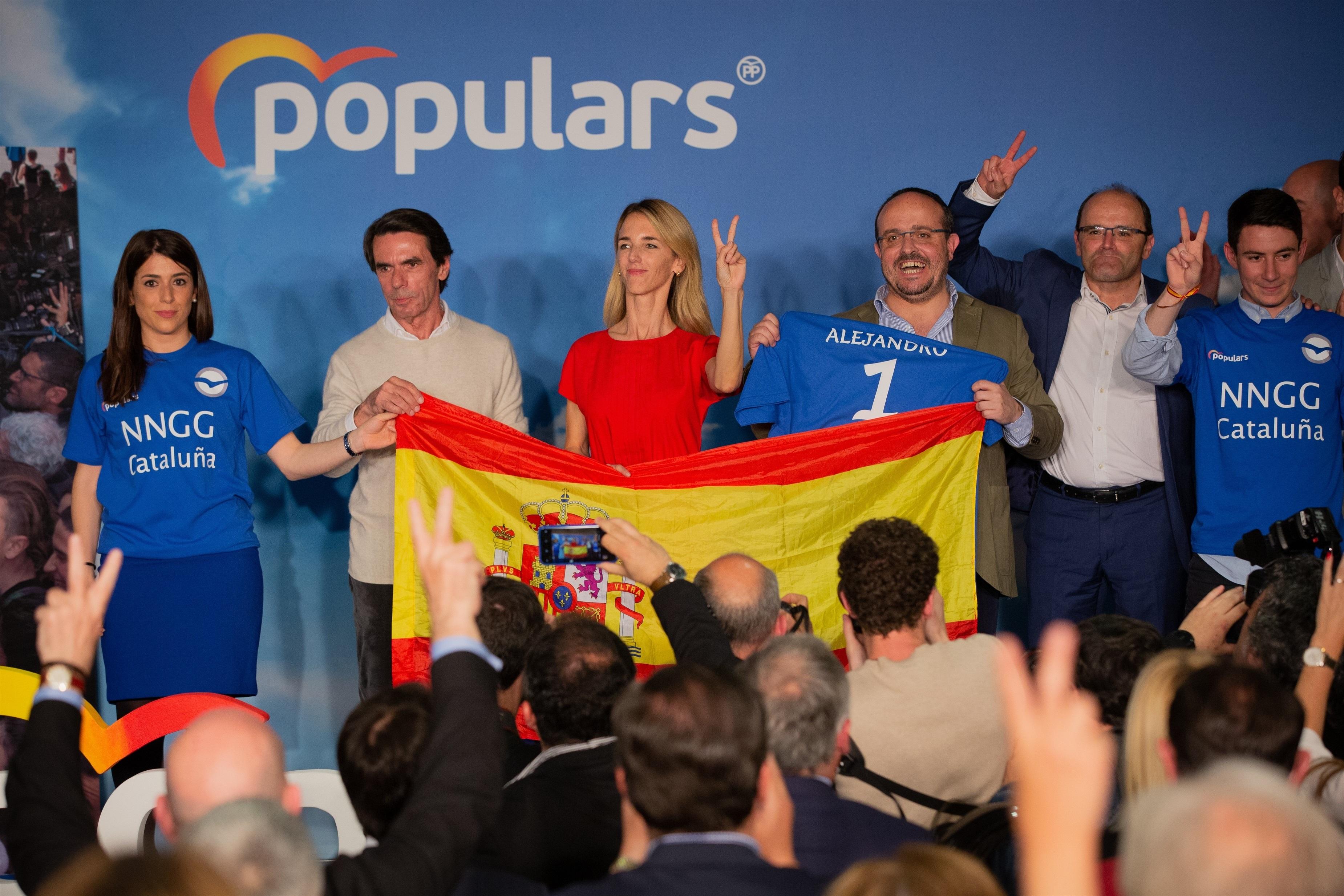José María Aznar Cayetana Álvarez de Toledo Alejandro Fernández Daniel Serrano (PP) en un acto de campaña de las elecciones generales 2019 en Barcelona. EuropaPress 