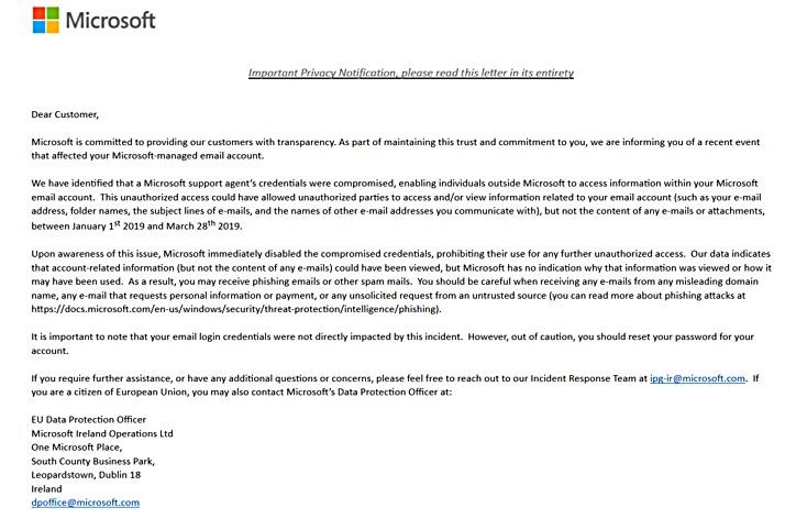 Mensaje que Microsoft ha enviado a algunos usuarios y que circula en algunos foros.