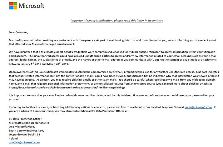 Mensaje que Microsoft ha enviado a algunos usuarios y que circula en algunos foros. Mensaje que Microsoft ha enviado a algunos usuarios y que circula en algunos foros.