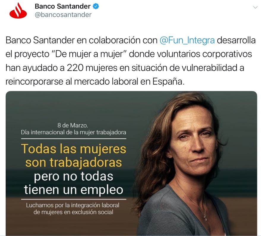 Tuit de Banco de Santander sobre el programa De mujer a Mujer Tuit de Banco de Santander sobre el programa De mujer a Mujer