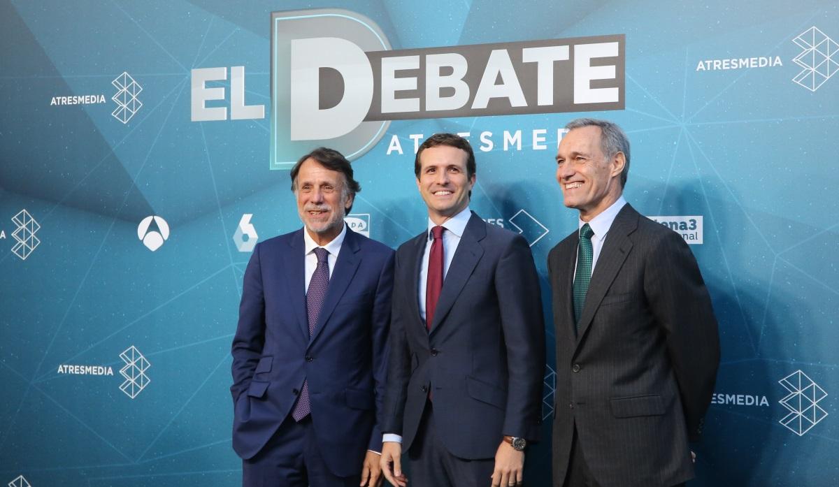 El presidente del PP, Pablo Casado, llega al debate a cuatro organizado por Atresmedia. EP