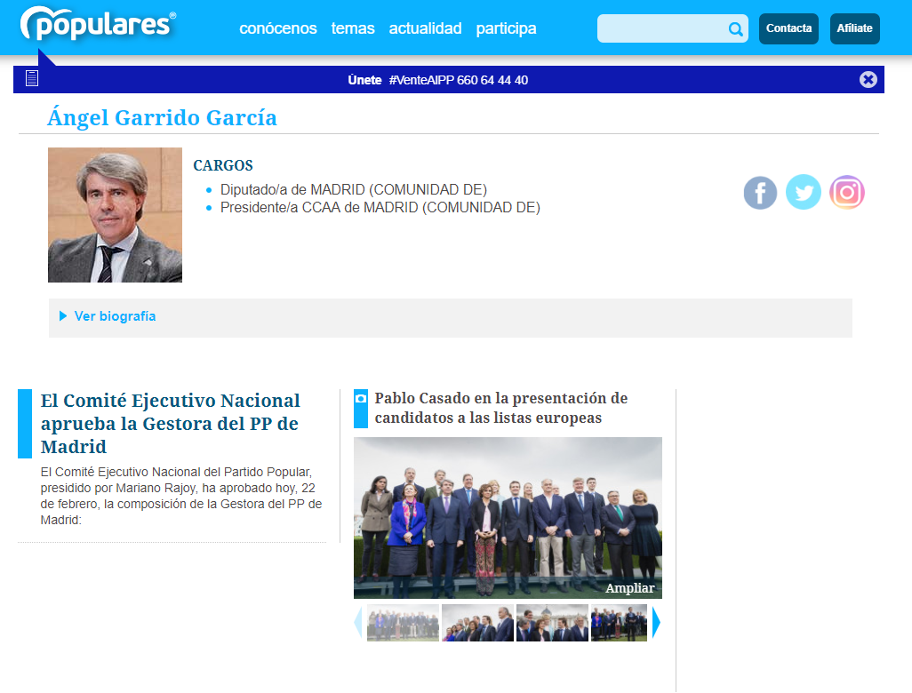 Perfil de Ángel Garrido en la página web del Partido Popular