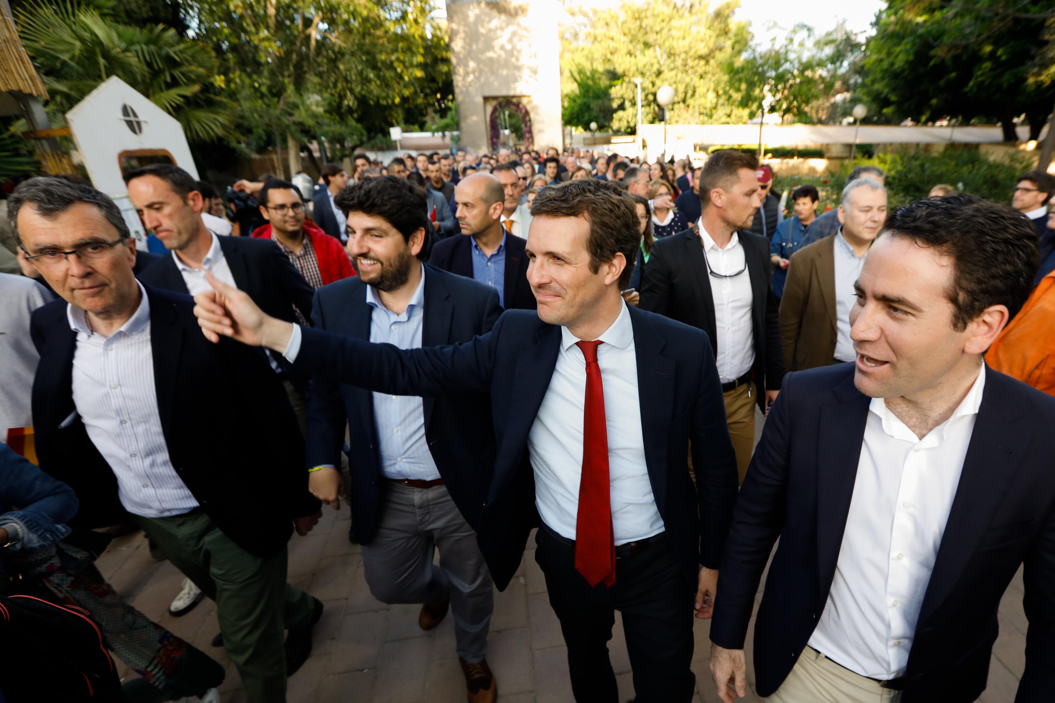 Pablo Casado Teodoro García Egea Fernando López Miras y José Ballesta en la clausura un mitin de partido en Murcia en la clausura un mitin del PP en Murcia