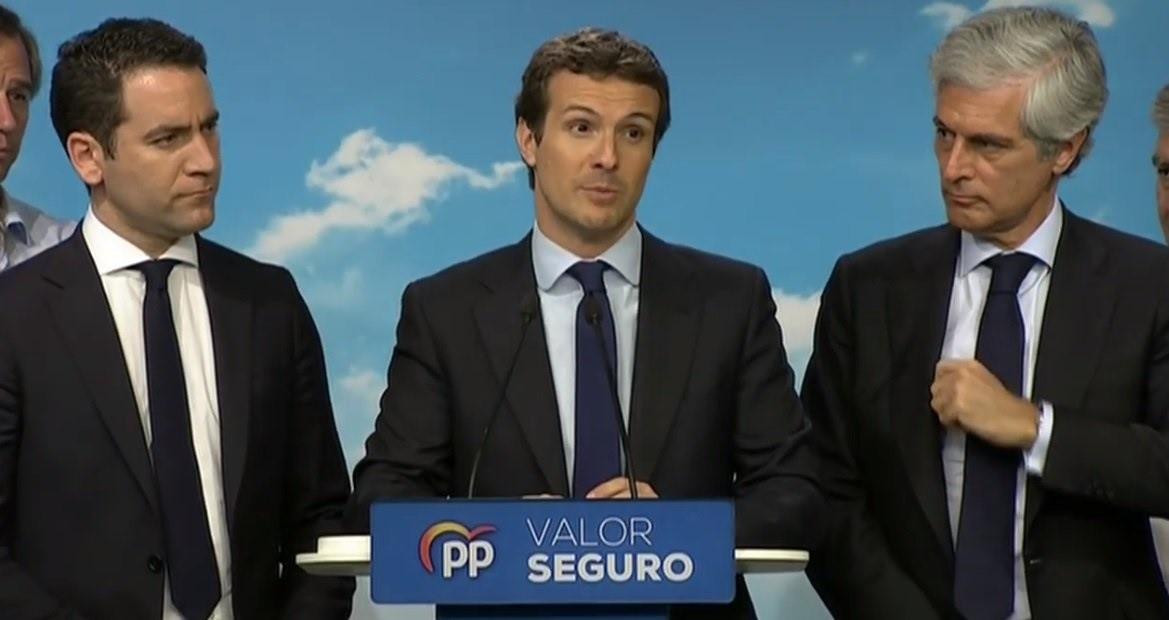 Pablo Casado, en la rueda de prensa de la noche electoral.