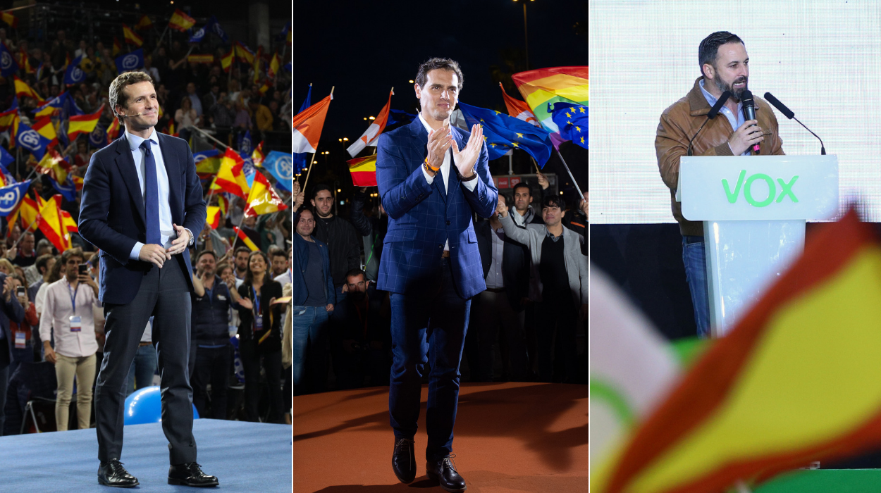 Casado, Rivera y Abascal en mitines durante la campaña de las elecciones generales del 28 de abril.