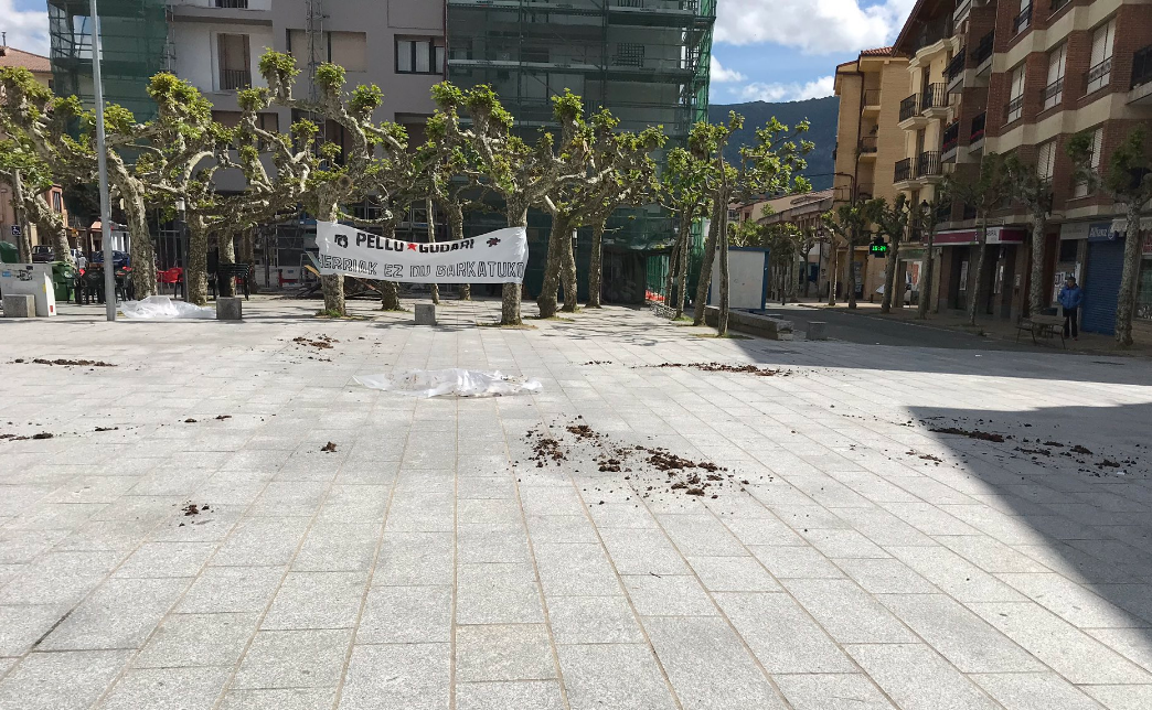 Estiércol esparcido en la plaza de Etxarri-Aranatz antes de un acto del PP en Navarra.